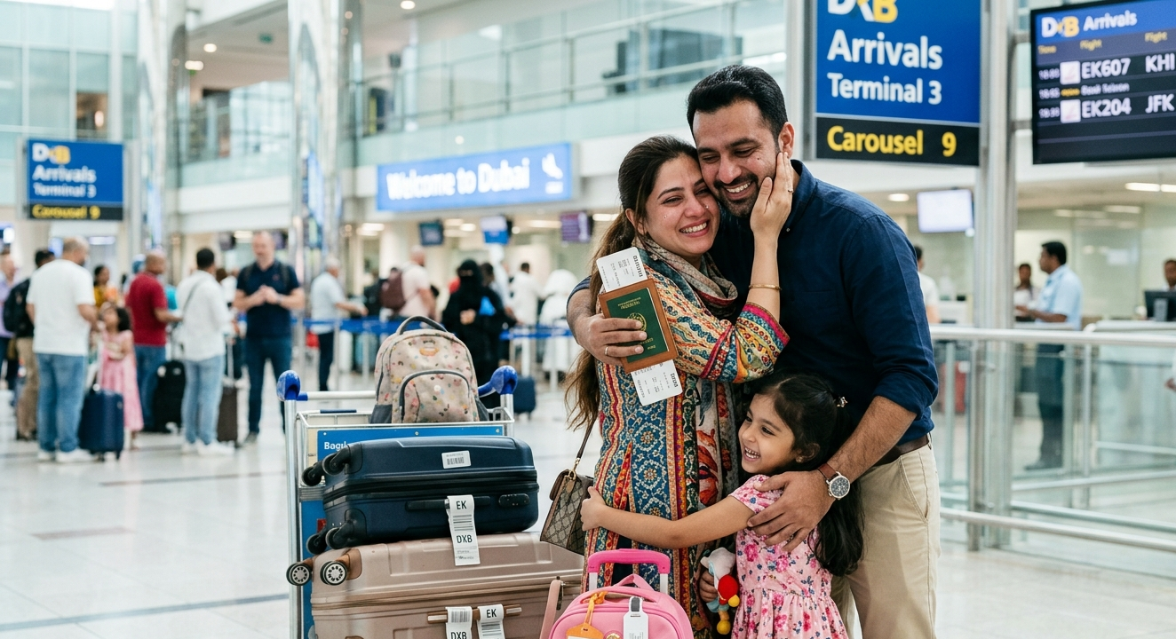 A happy family arriving in the UAE after a successful family visa application