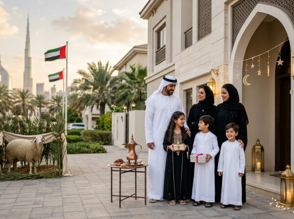 Tas-Heel Center UAE Eid al-Adha 2026 holiday announcement with traditional Islamic decorations, family gathering, and May 26-29 dates